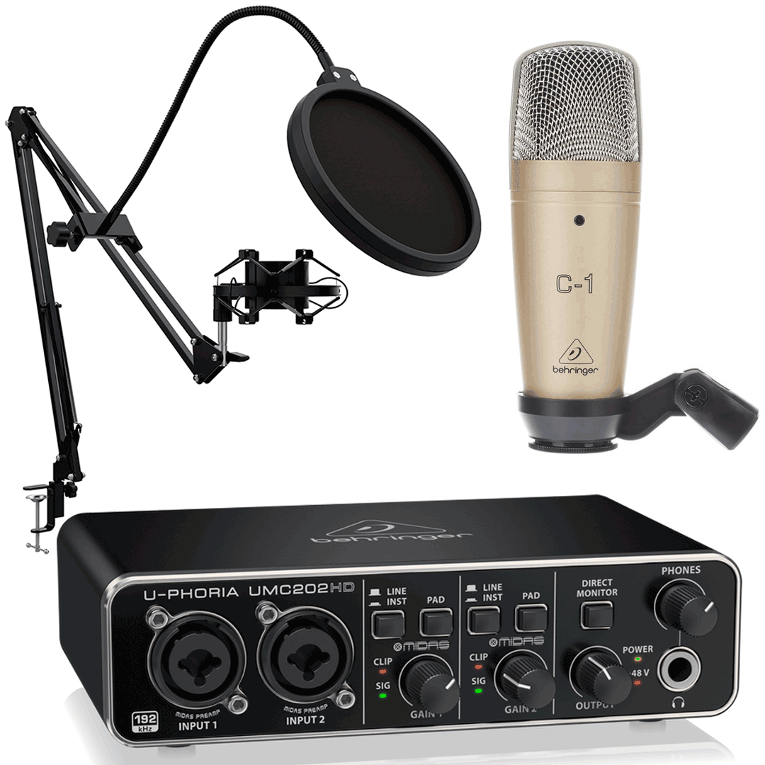Behringer Pack U-Phoria Estudio Interface USB UMC202HD + Micrófono Estudio Behringer C1 + Accesorios Micro UMC202 HD C1