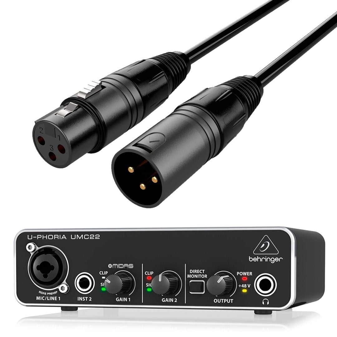 Behringer Interface Audio USB UMC22 U-Phoria + Cable Premium XLR Macho / XLR Hembra 6 Metros Uphoria UMC 22 USB