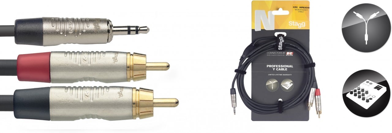 Stagg NYC1.5/MPS2CMR Cable Y, Mini Jack estereo a RCA (M/M), 1,5metros NYC1.5/MPS2CMR