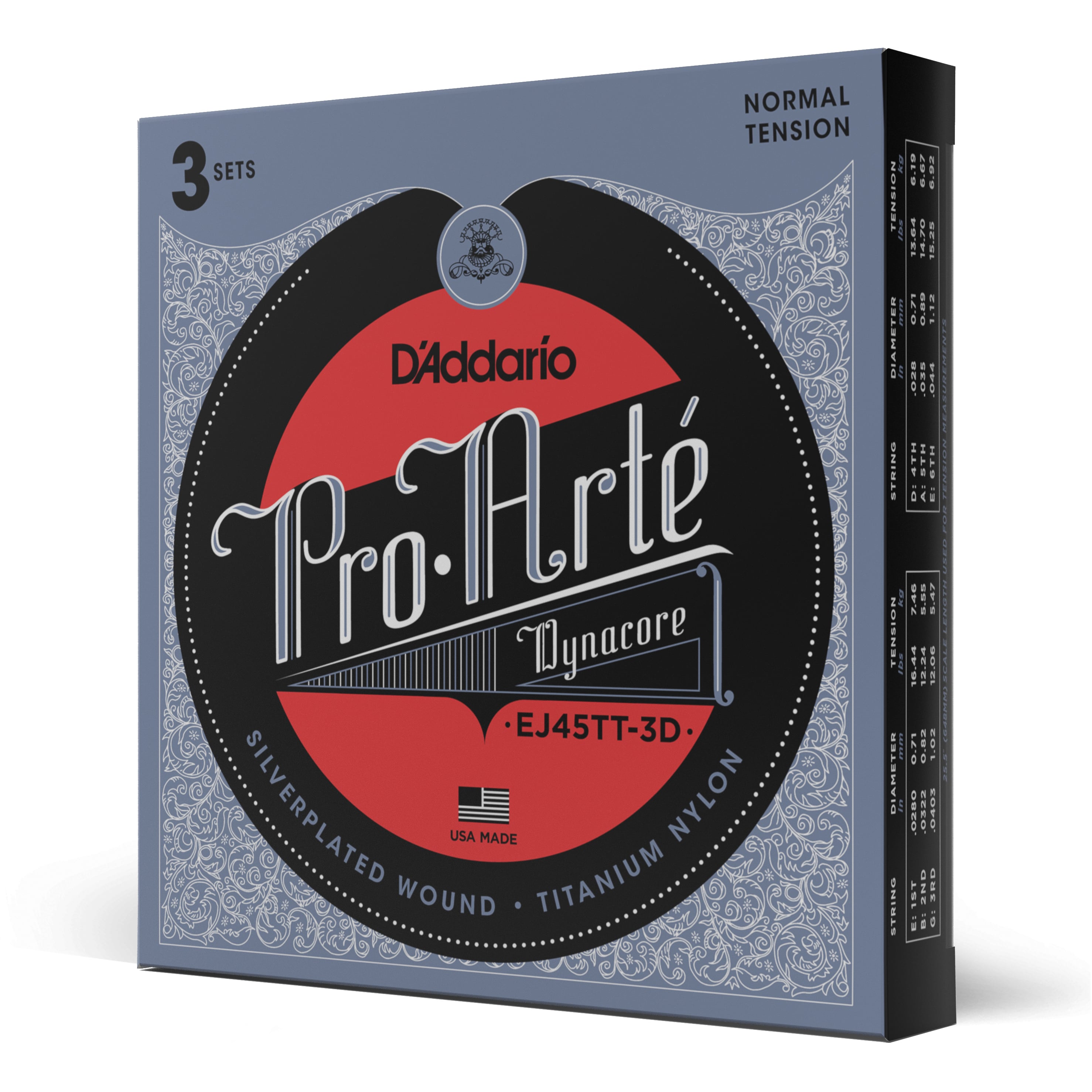 D´addario Normal Tension, Pro-Arté Dynacore Classical Strings 3-Pack EJ45TT-3D