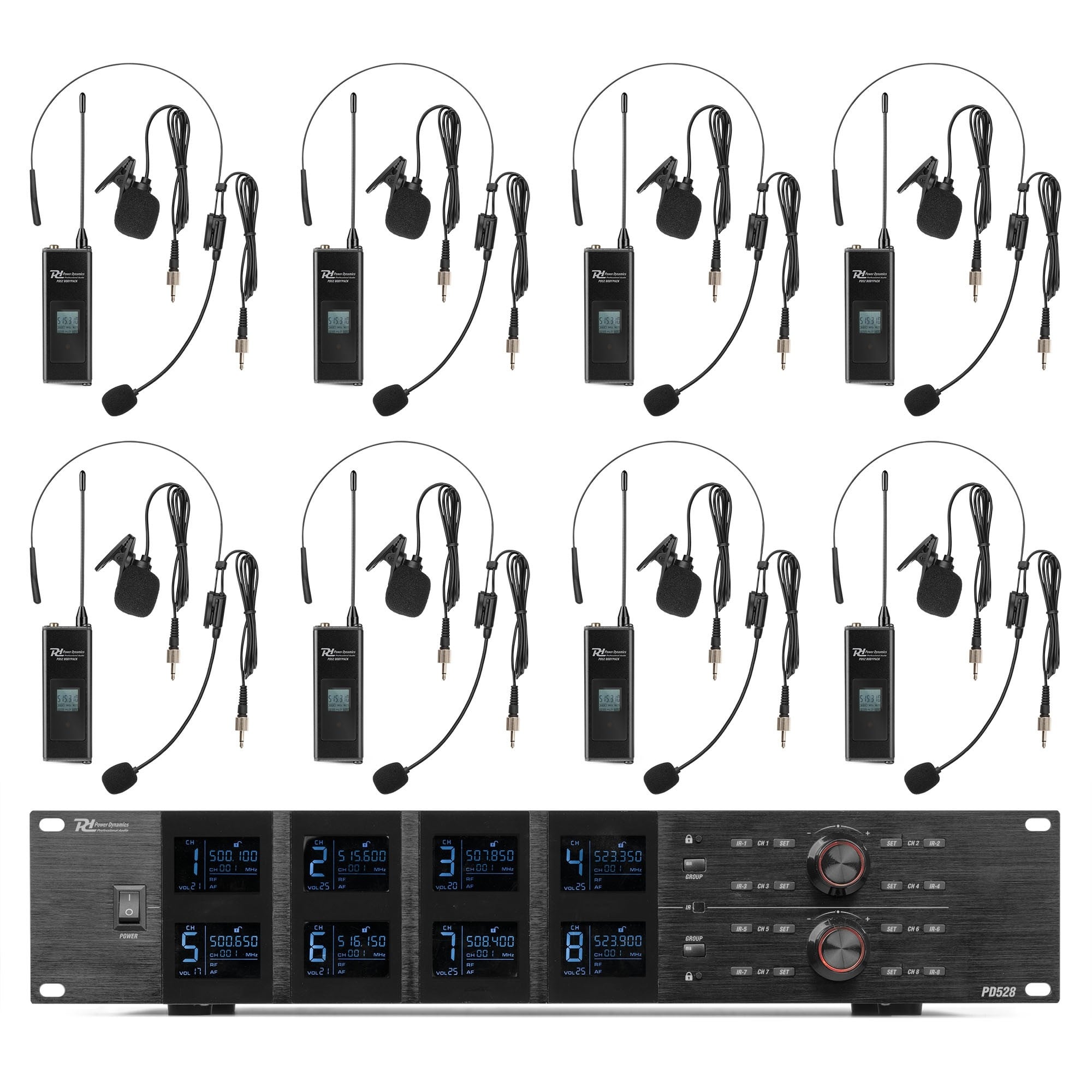 Power Dynamics PD528B Set Micrófonos Diadema Inalámbricos PD528B Wirel.Micro UHF 8x100Ch 8BP