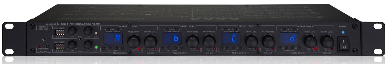 Apart Biamp ZONE4 Preamplificador estéreo 4 Entradas y 4 Salidas de Zona ZONE4