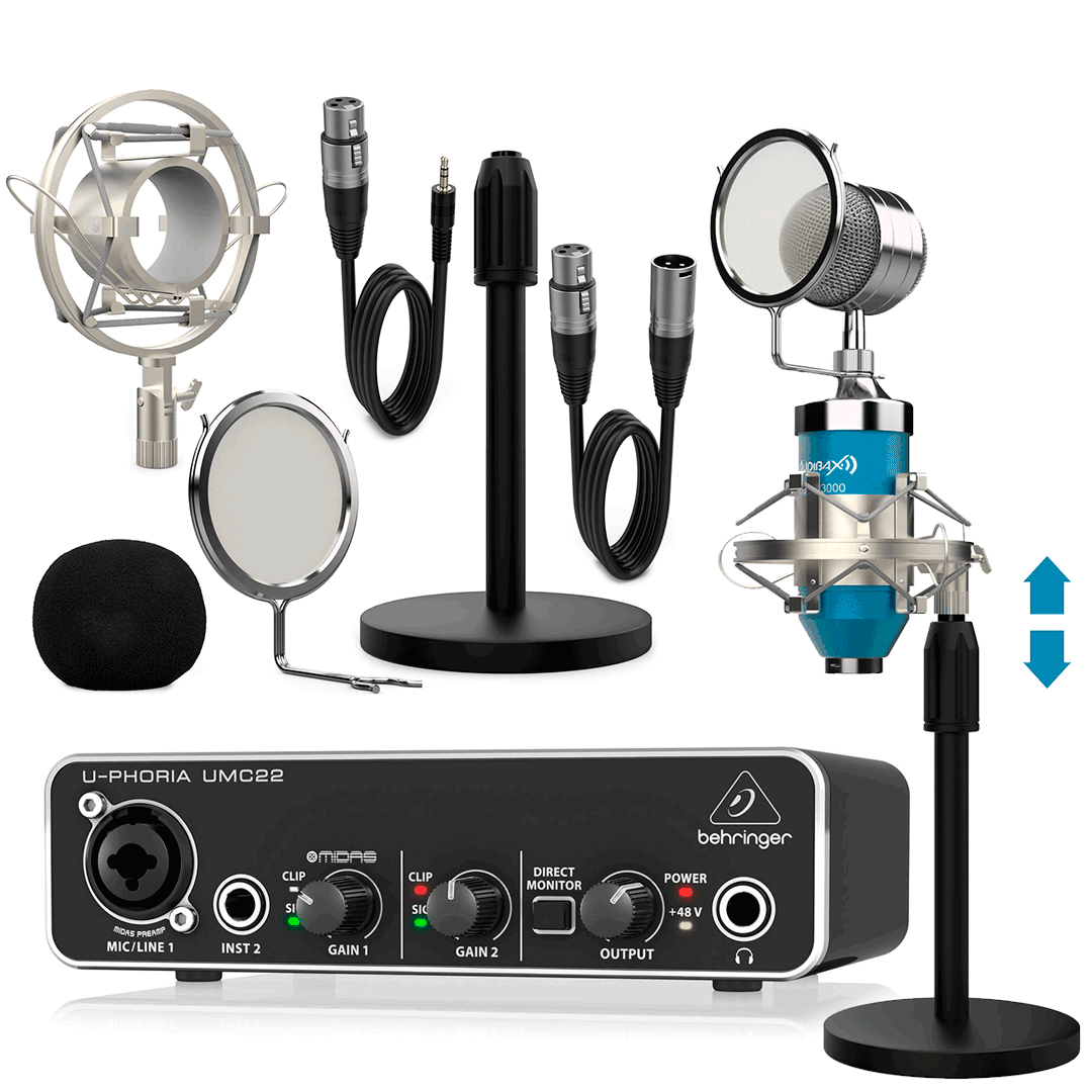 Behringer UMC22 Interface Audio con Micrófono Estudio Pro Dublin Blue Pack ( Micrófono + Soportes + Antipop + Cables) Uphoria UMC 22