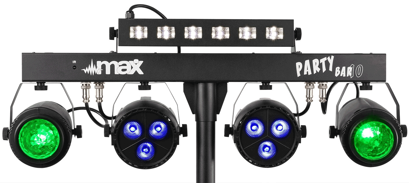 max PartyBar10 Set de Iluminacion con 2 Jelly Moon, 2 Focos Par y Strobo 153008 153008