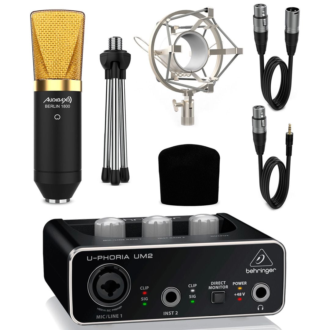 Behringer UM2 Interface U-Phoria + Audibax Berlín 1800 Micrófono Estudio + Accesorios Uphoria UM2