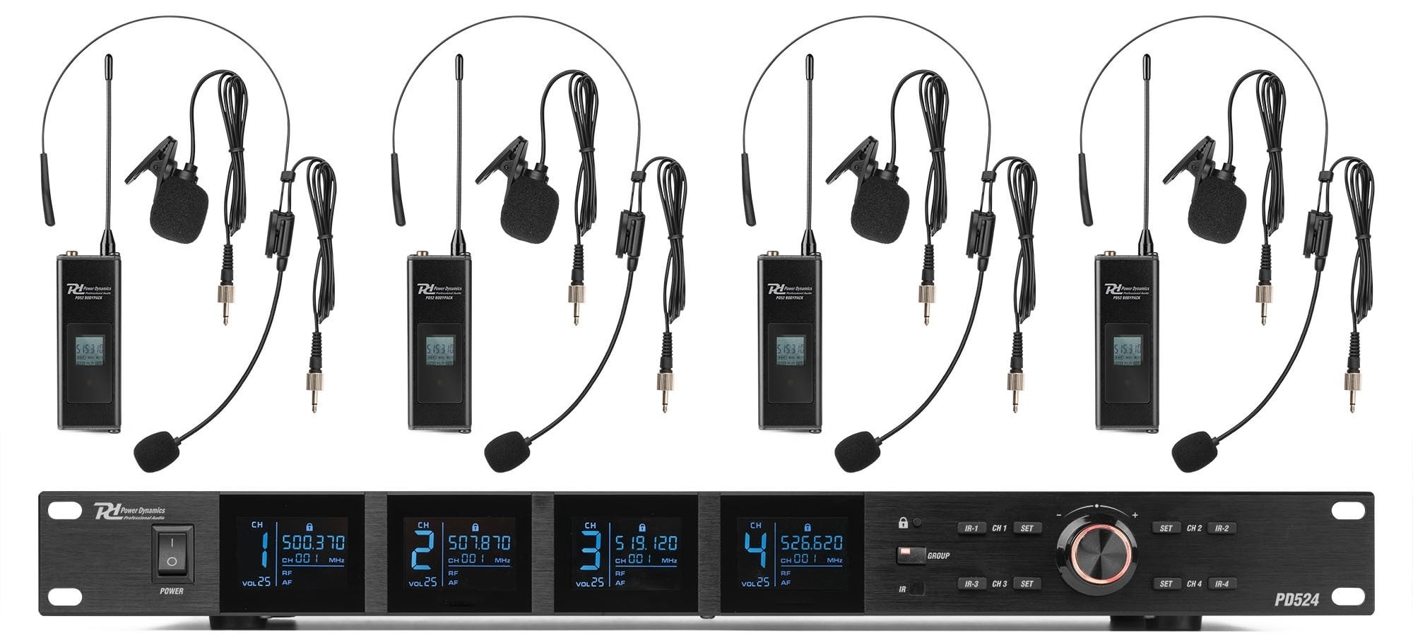 Power Dynamics PD524B Set Micrófonos Diadema Inalámbricos PD524B WirelMicro UHF 4x100Ch 4BP
