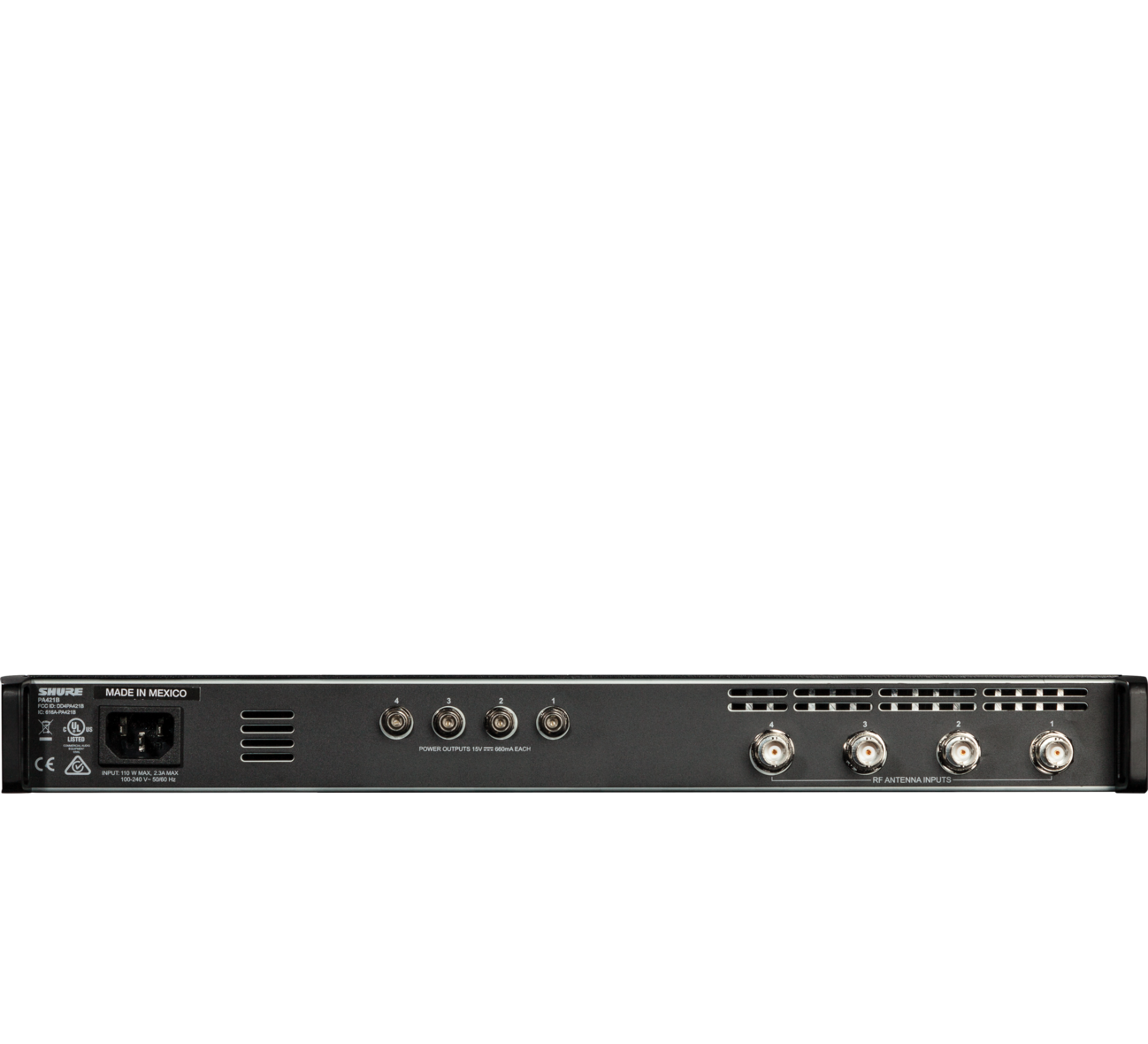 SHURE PA421B-E Combinador activo toda banda 470-865 MHz de 4 antenas para PSM 1U rack PA421B-E