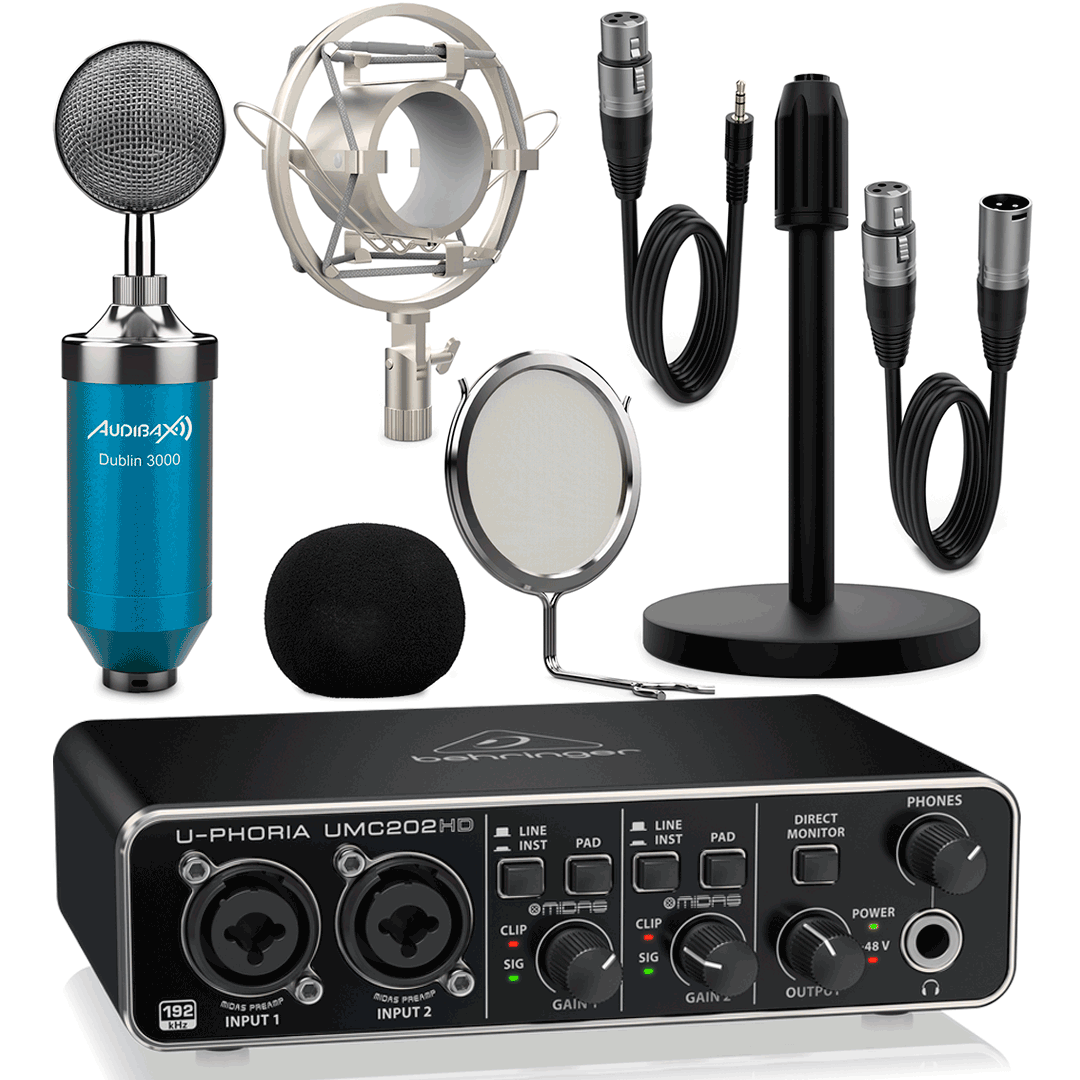 Interface Audio Behringer UMC202 HD + Micrófono Estudio Blue Pack Dublín 3000 con Accesorios UMC202HD