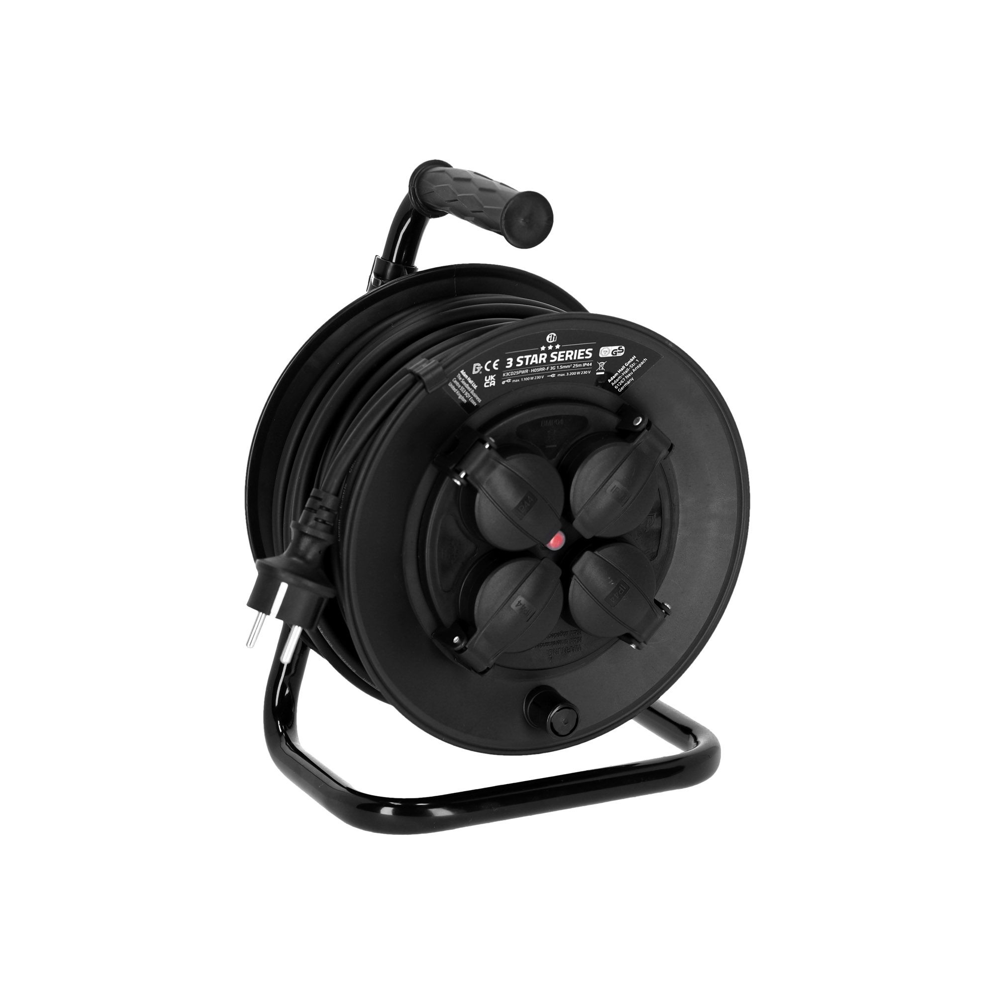 Adam Hall 3 STAR CD 25 PWR Carrete de cable de alimentación Schuko de 4 vías IP44, 25 m K3CD25PWR