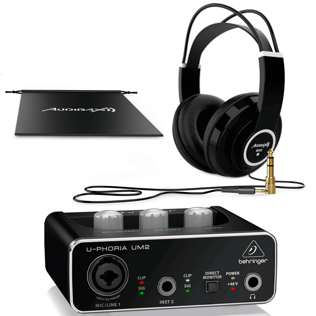 Behringer Interface Audio UM2 U-Phoria + Auriculares Estudio Profesionales Audibax RH10 UM 2 U-phoria
