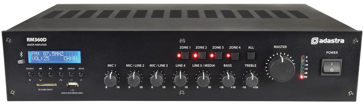 Adastra RM360D Amplificador 360W RMS Línea 100V con USB/SD/FM, Sintonizador D RM360D