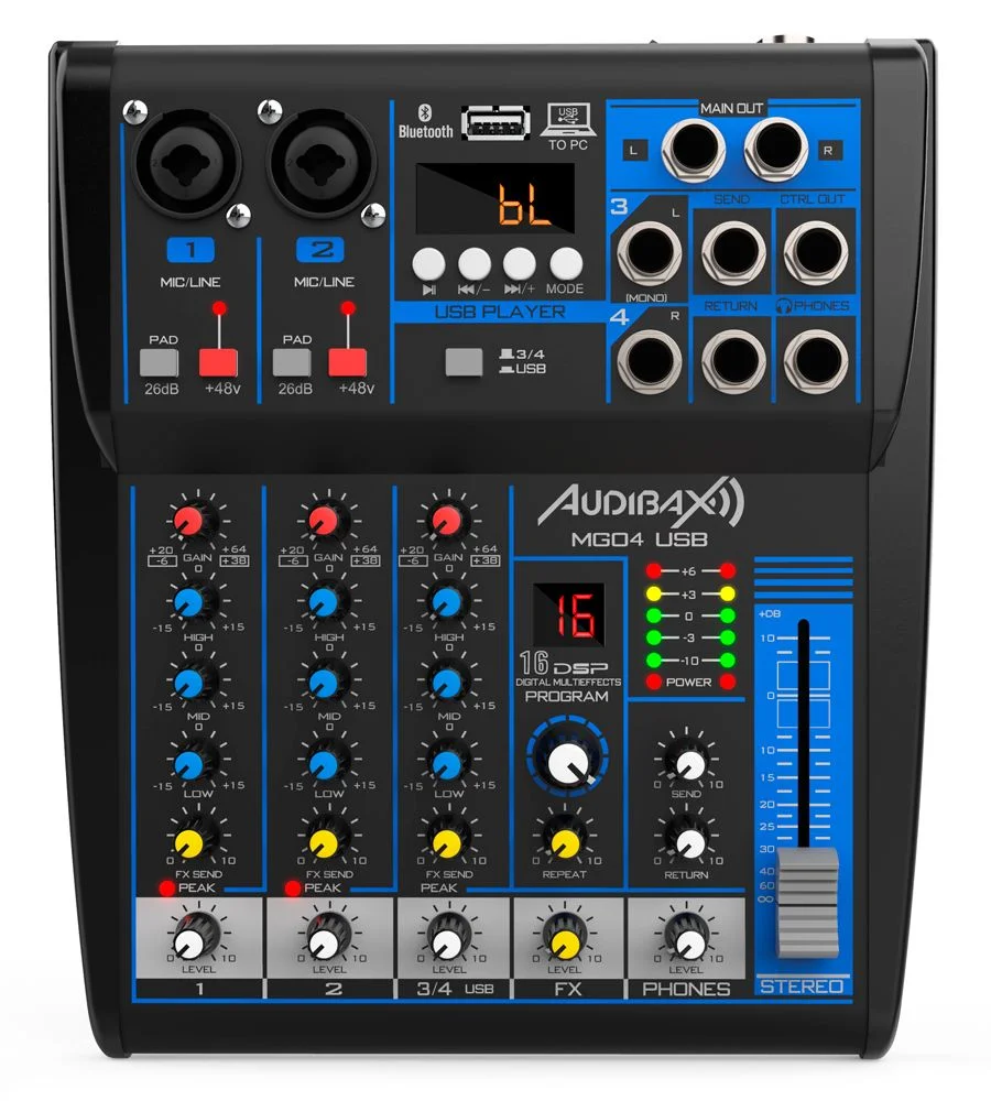 Audibax MG04 USB Mesa Mezclas con 4 canales Bluetooth, MP3 , USB Rec y Efectos MG04