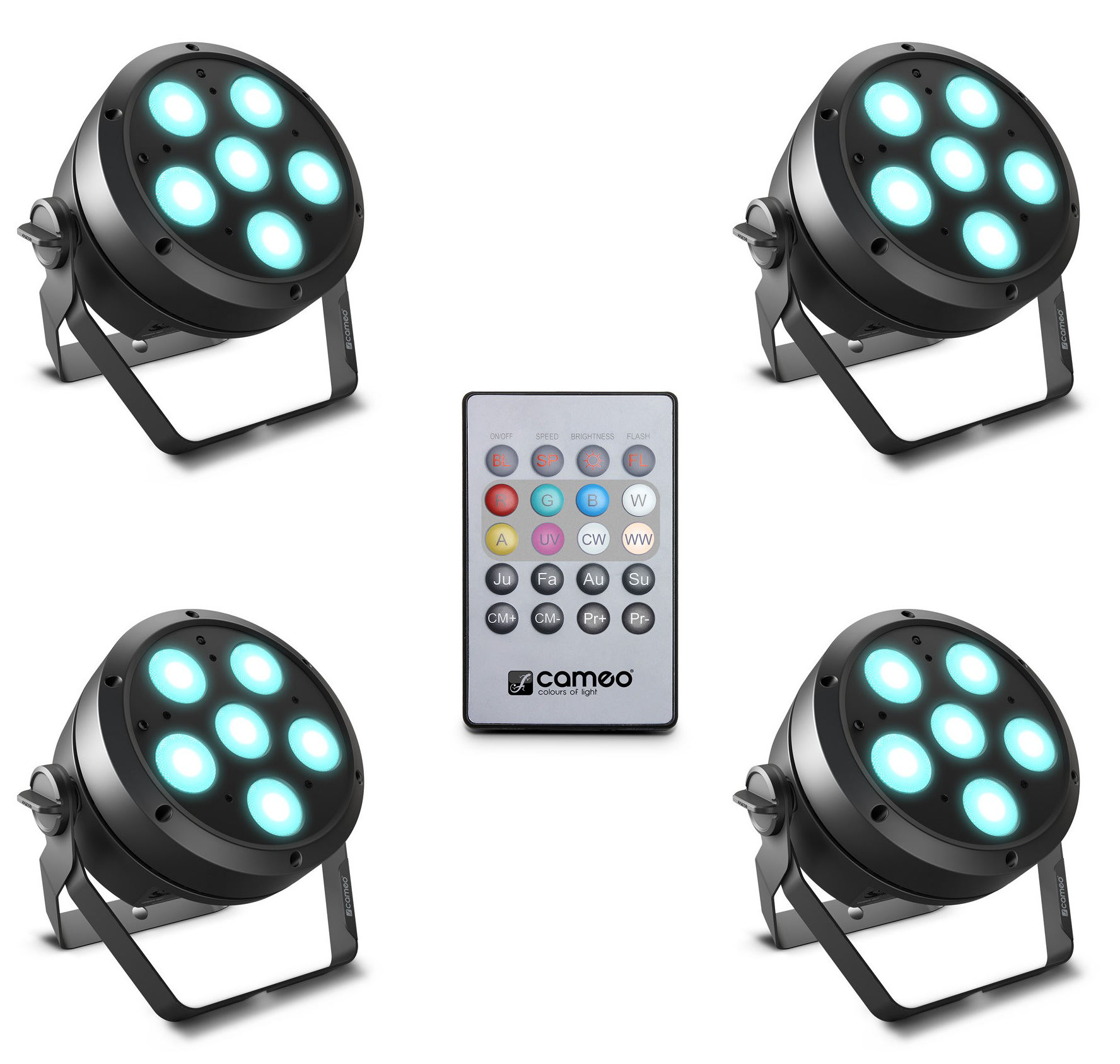 Cameo ROOT PAR 6 SET 1 compuesto por 4 x ROOT PAR 6 incluyendo un control remoto IR (CLPFLAT1REMOTE) ROOT PAR 6 SET 1