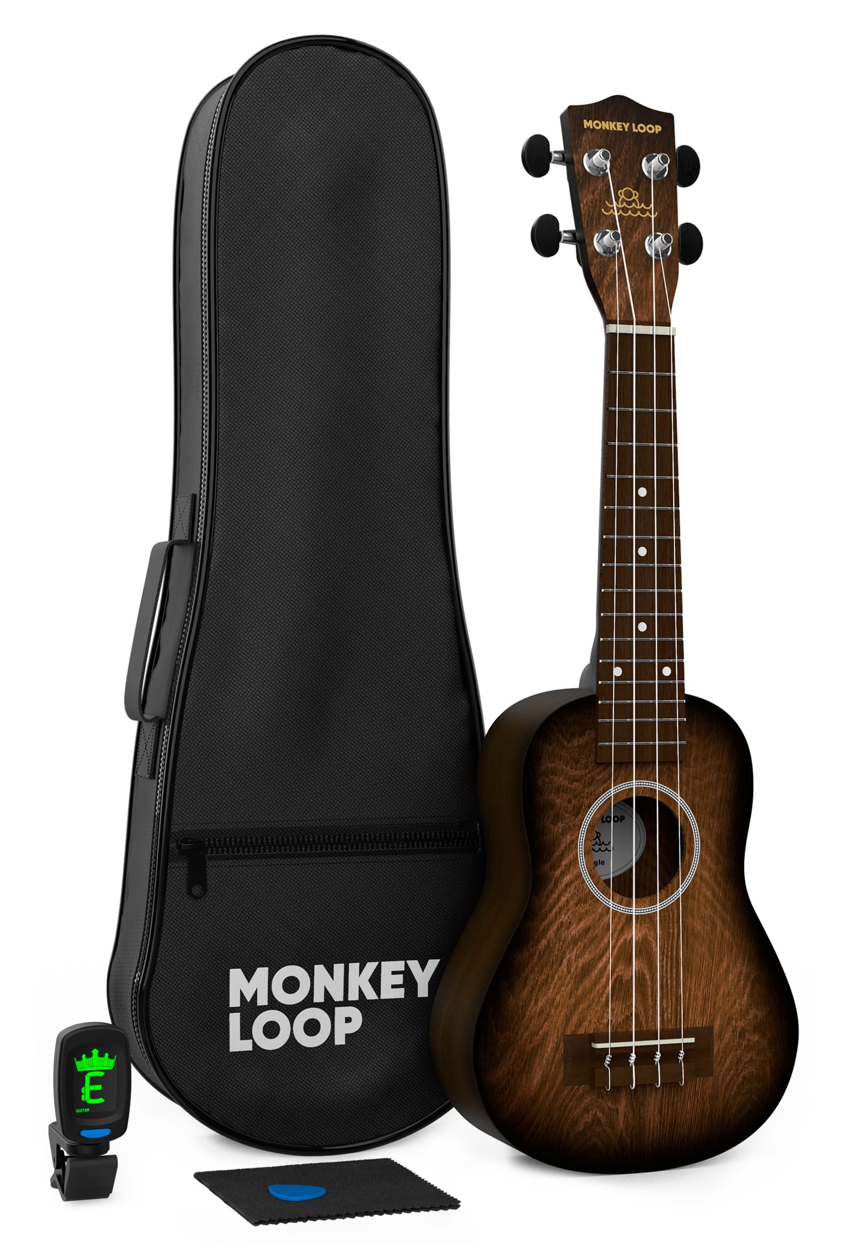 Monkey Loop Jungle Pack Brown Ukelele Soprano ( Ukelele, Funda, Afinador, Púa y Gamuza Limpiadora ) Jungle Pack Brown