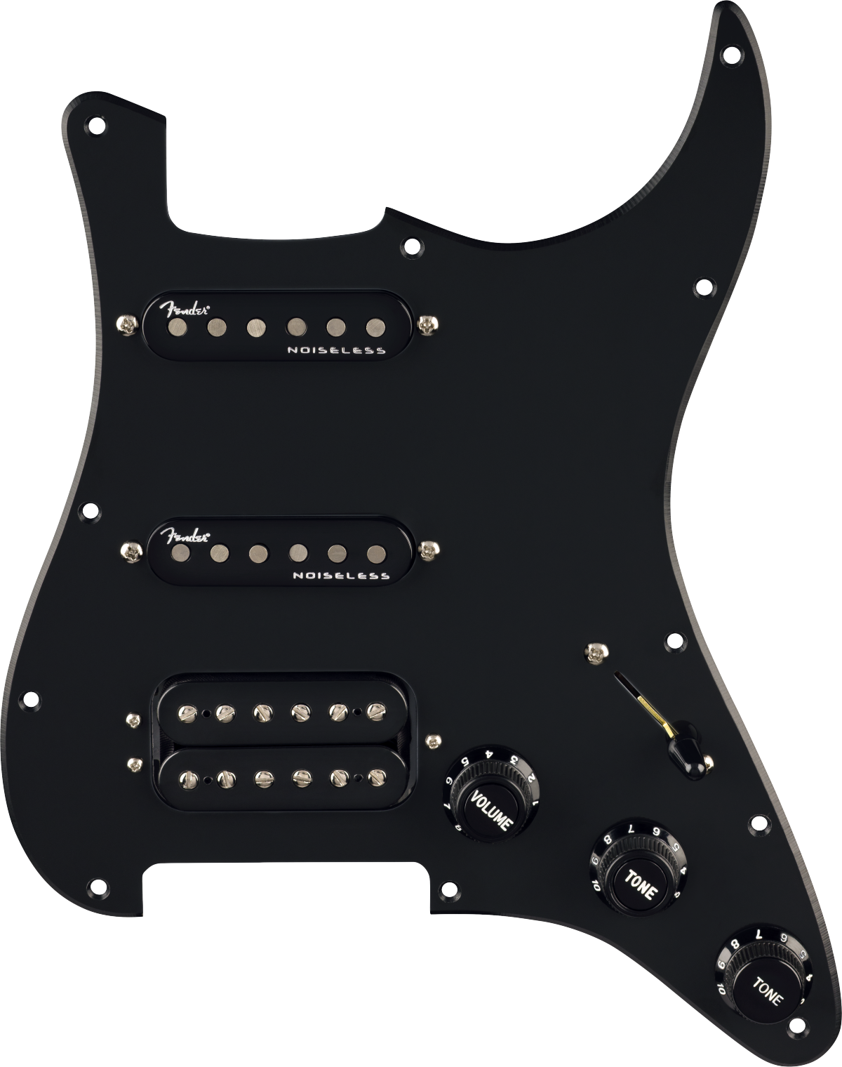 Fender Pre-Wired Strat Pickguard, Quadra Tap/Ultra Noiseless HSS, Black 11 H Golpeador Pre-Wired Strat Pickguard, Quadra Tap/Ultra Noisel