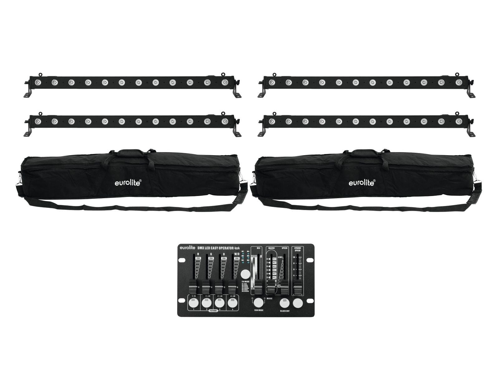 Eurolite Set 4 x LED BAR-12 QCL RGBW Barra Led + 2 x Soft Bags + Controlador DMX Set 4 x LED BAR-12 QCL RGBW + 2 x Soft Bags + Cont