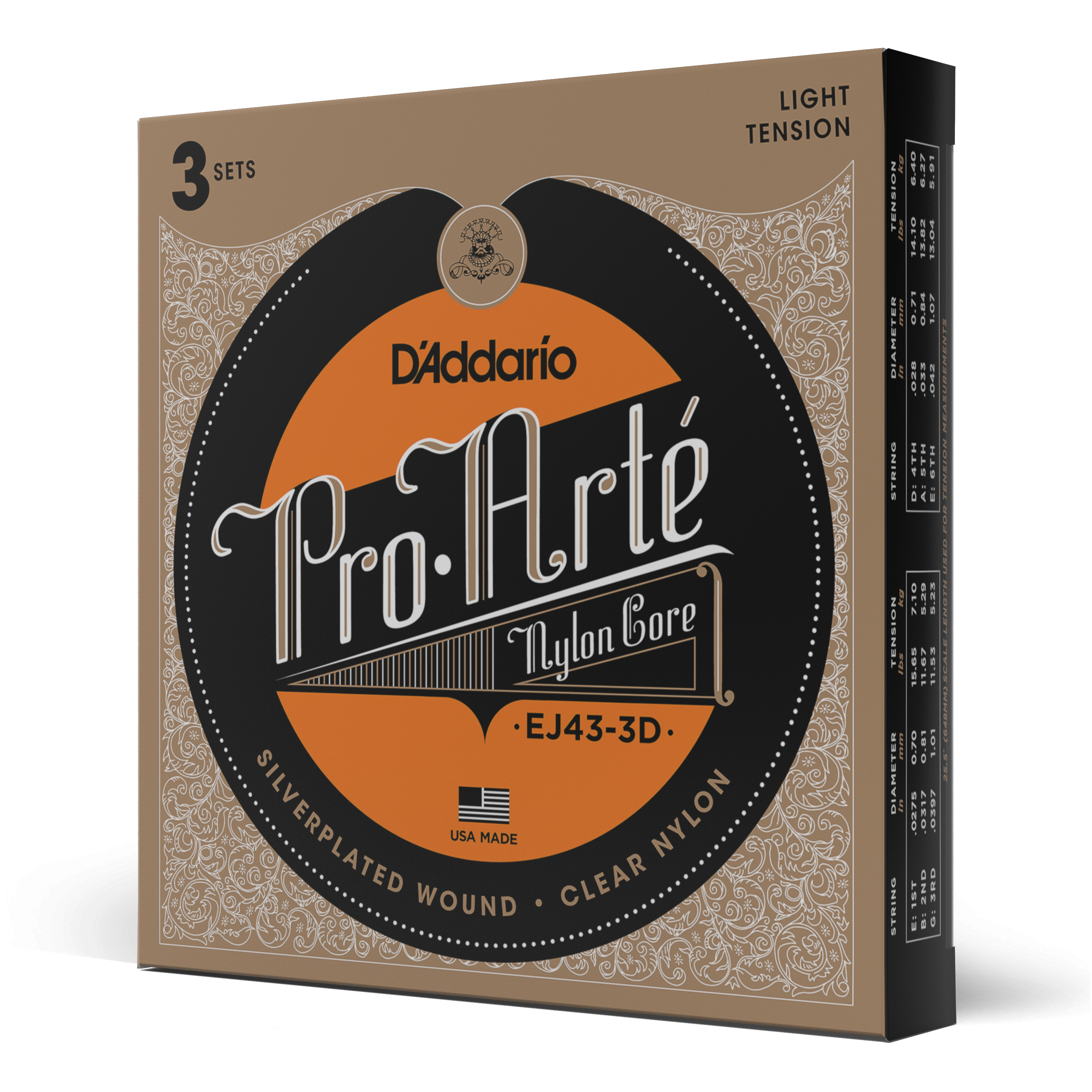 D´addario Light Tension, Pro-Arté Nylon Classical Guitar Strings 3-Pack EJ43-3D