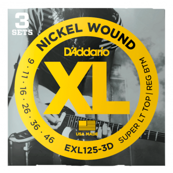 D addario exl125-3d paquete de 3 cuerdas de guitarra eléctrica superior superligera/inferior regular