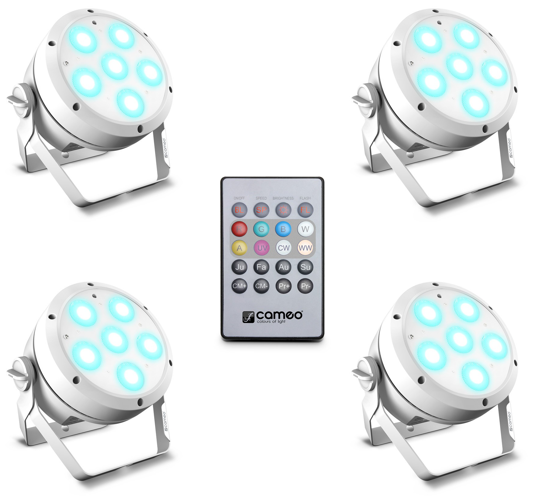 Cameo ROOT PAR 6 WH SET 1 compuesto por 4 x ROOT PAR 6 WH incluyendo un control remoto IR (CLPFLAT1REMOTE) ROOT PAR 6 WH SET 1