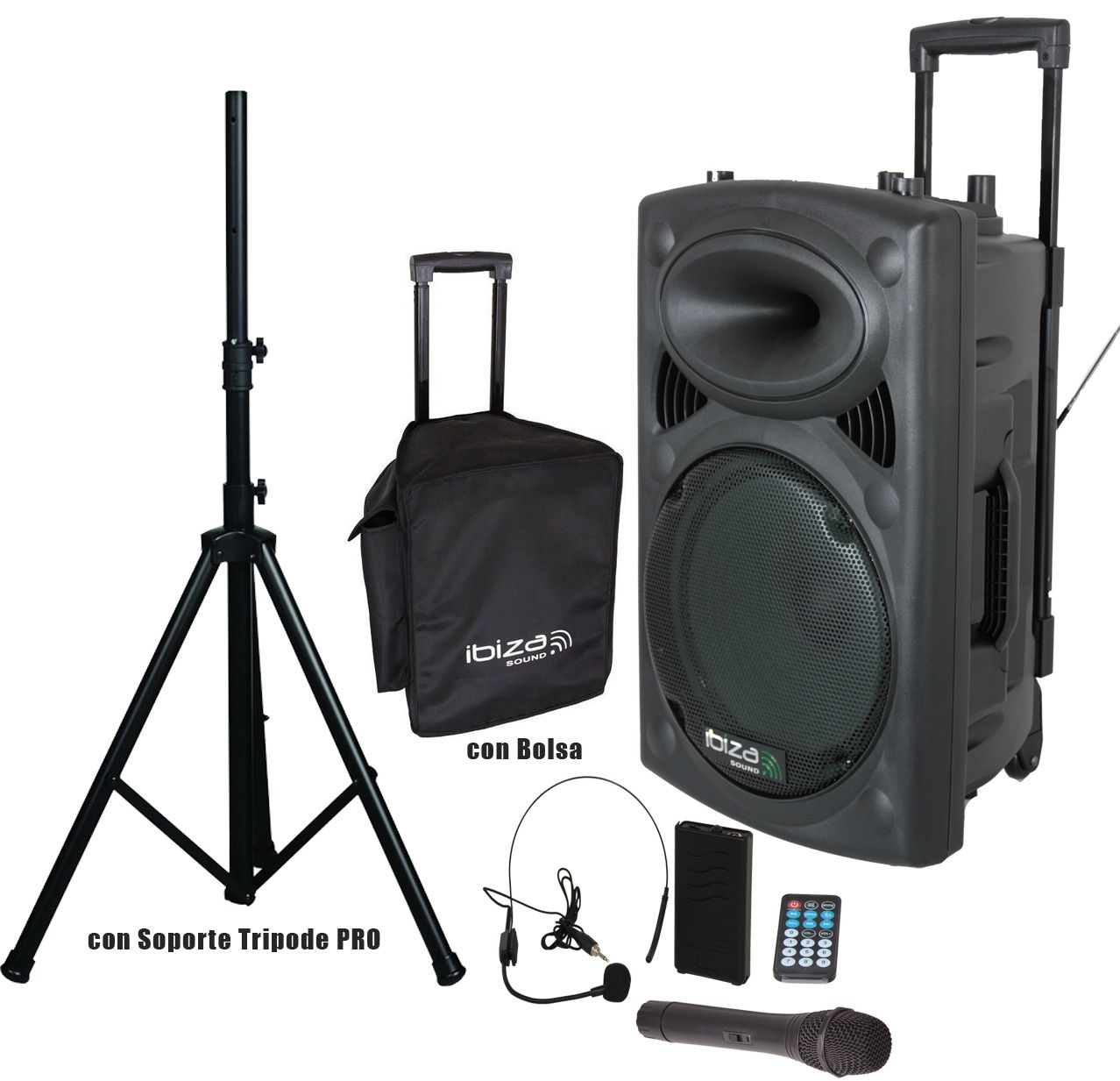 IBIZA SOUND PORT15VHF-BT Altavoz 15" Bluetooth con batería + Bolsa Protección + Soporte Tripode PRO PORT15VHF-BT