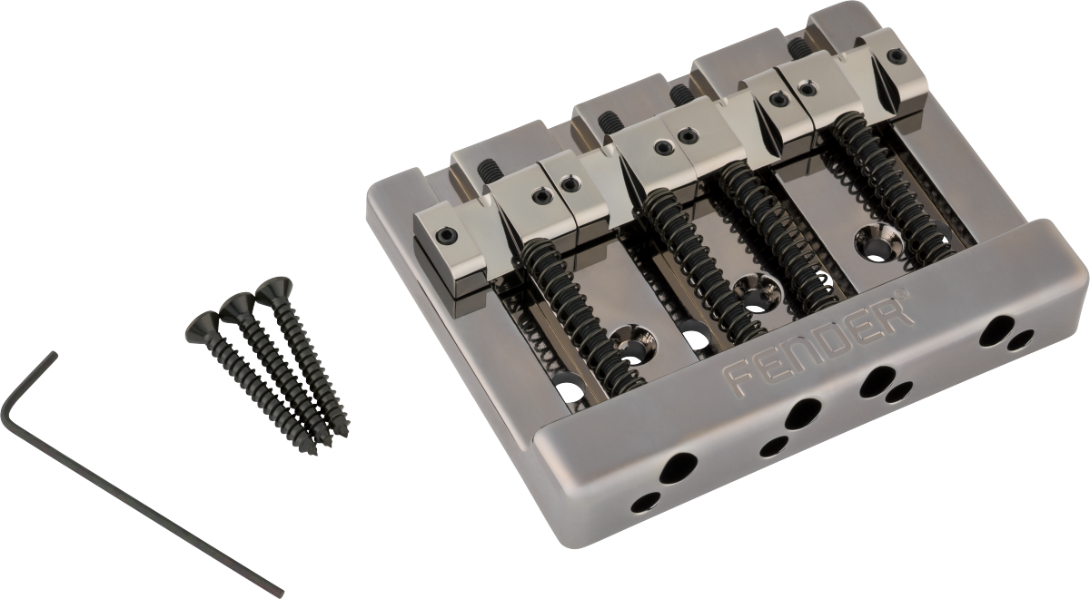 Fender HiMass String-Through 4-String Bass Bridge Assembly With Brass, Black Chrome Puente Bajo HiMass String-Through 4-String Bass Bridge Assembl