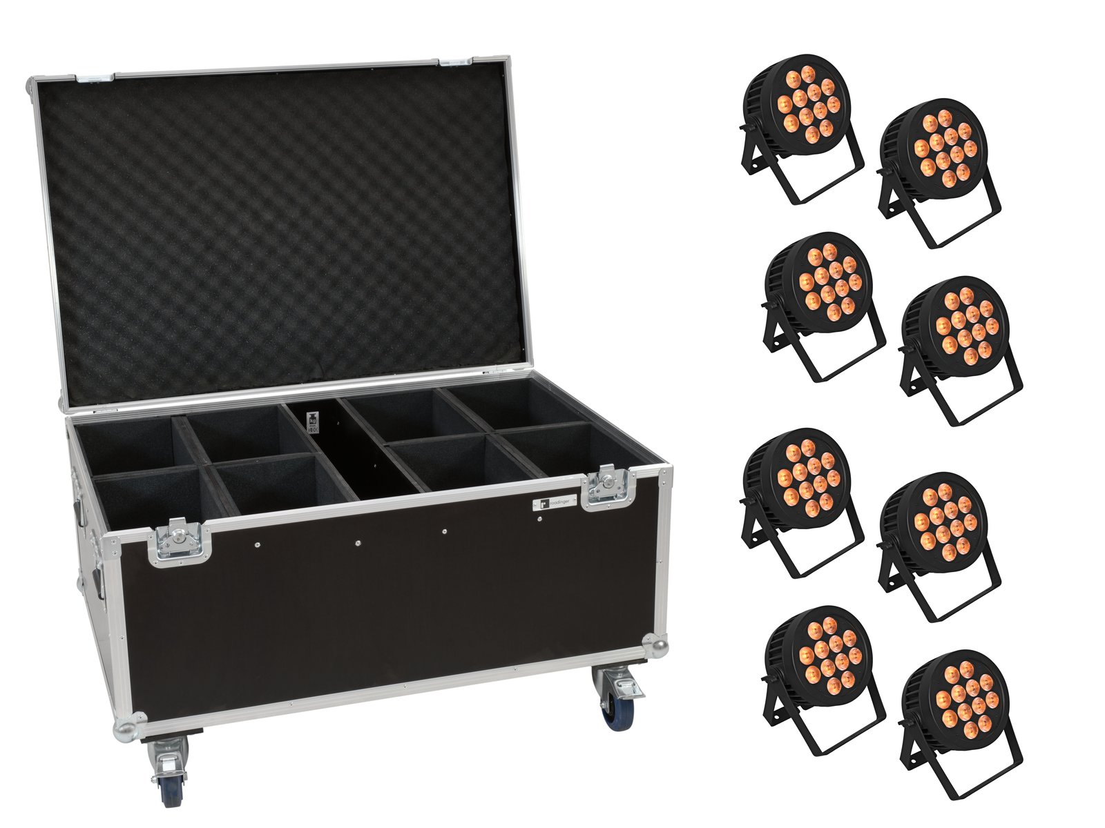 Eurolite Set 8x LED IP PAR 12x8W QCL Spot + Flightcase con Ruedas Set 8x LED IP PAR 12x8W + Flightcase
