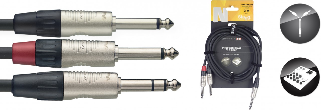 Stagg NYC3/PS2PR Cable serie N en Y, jack estereo a 2 jack mono 6.3 de 3 mertros NYC3/PS2PR