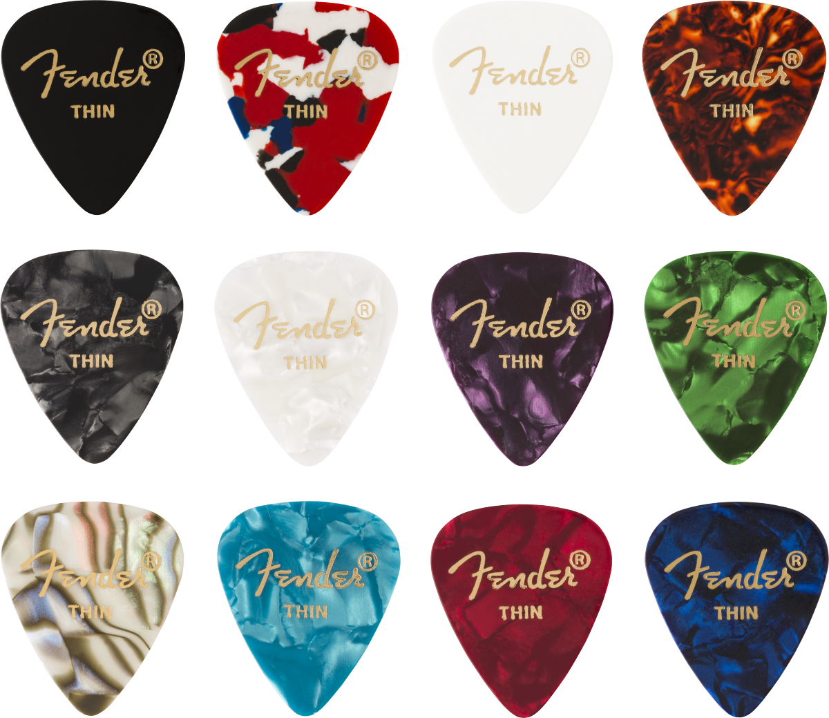 Fender 351 Shape Celluloid Medley Thin Pack 12 351 CELLULOID MEDLEY (12) THIN
