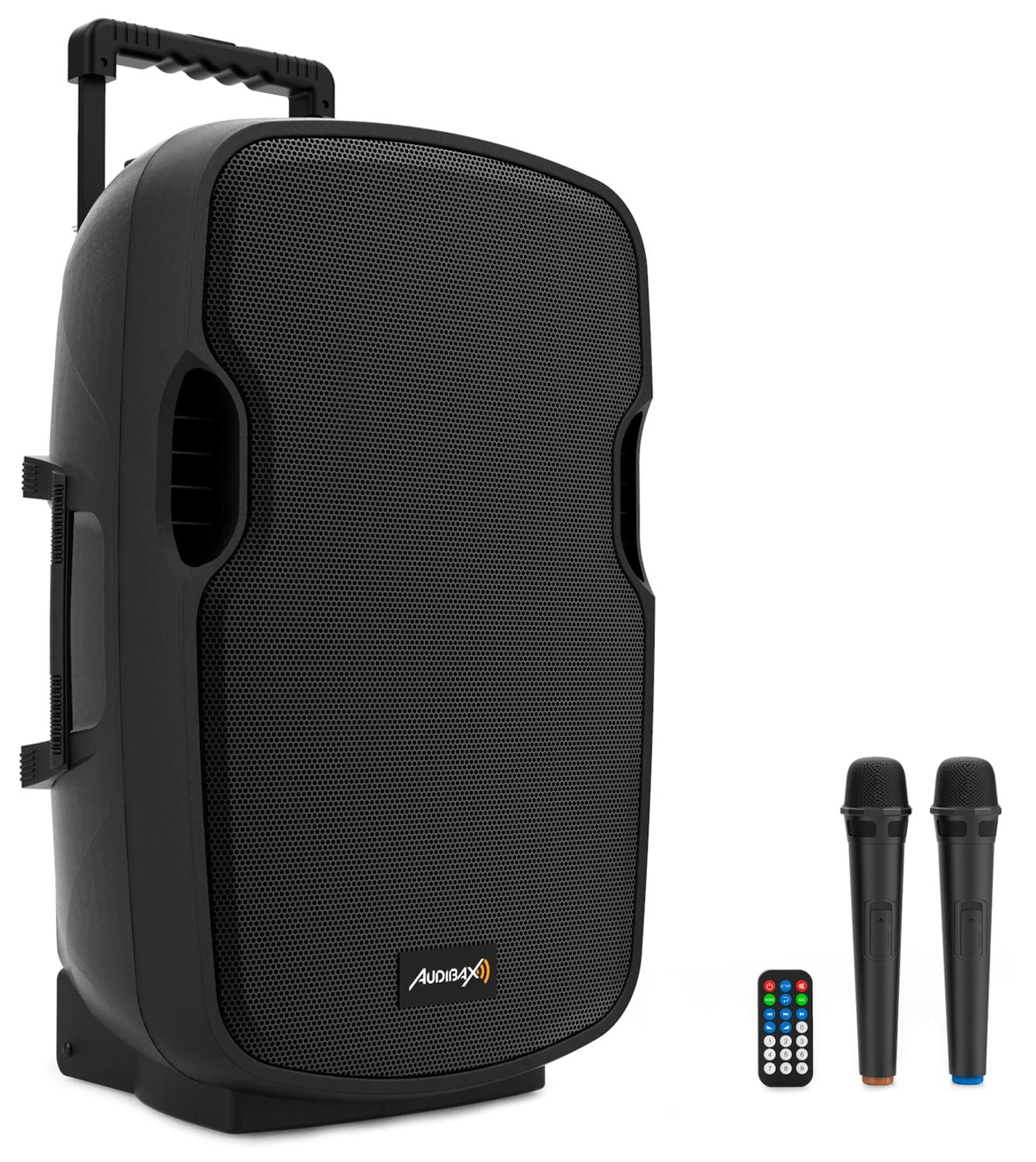 Audibax Denver 15 Altavoz Activo PA 15 con Bateria , Ruedas + 2 Micros Inalambricos Mano Denver 15