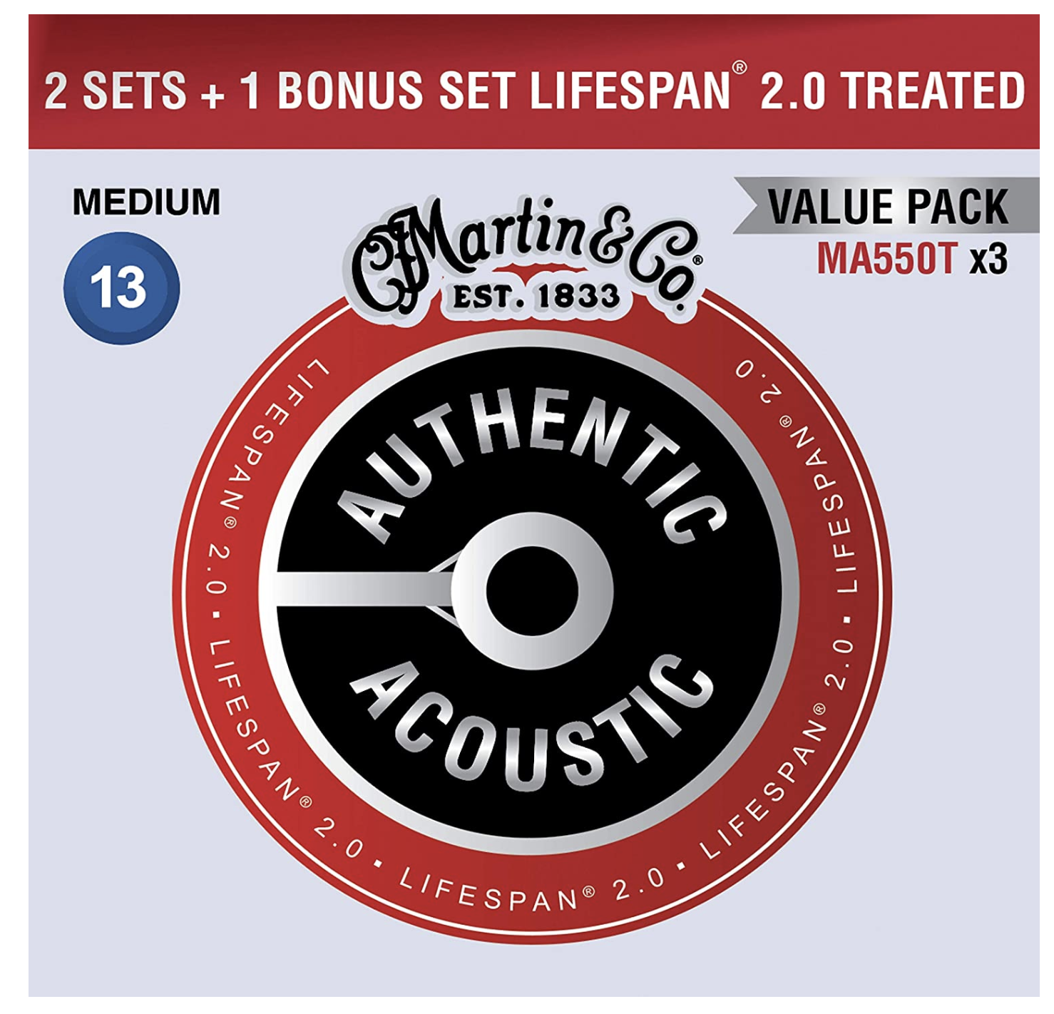 Martin MA550TPK3 Cuerdas Guitarra Acústica Pack 3 Unidades Authentic Lifespan 2.0 Phosphor Bronze 92/8 M MA550TPK3