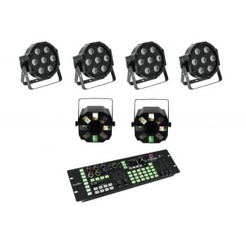 Eurolite set 4 x led sls-7 hcl floor foco + 2 x led fe-700 + dmx led color chief controlador dmx